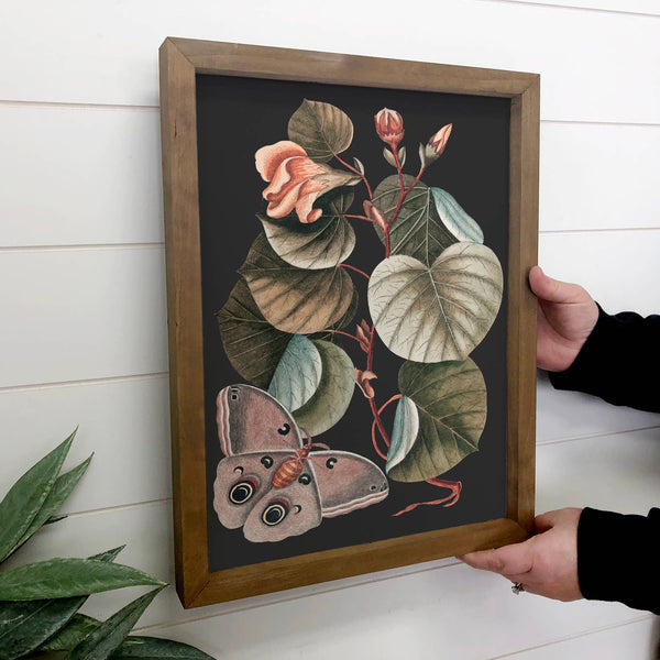 Dark Moth Botanical - Framed Nature Art - Large Wall Art: 12x18" Medium Canvas Art with Thick Wood Frame