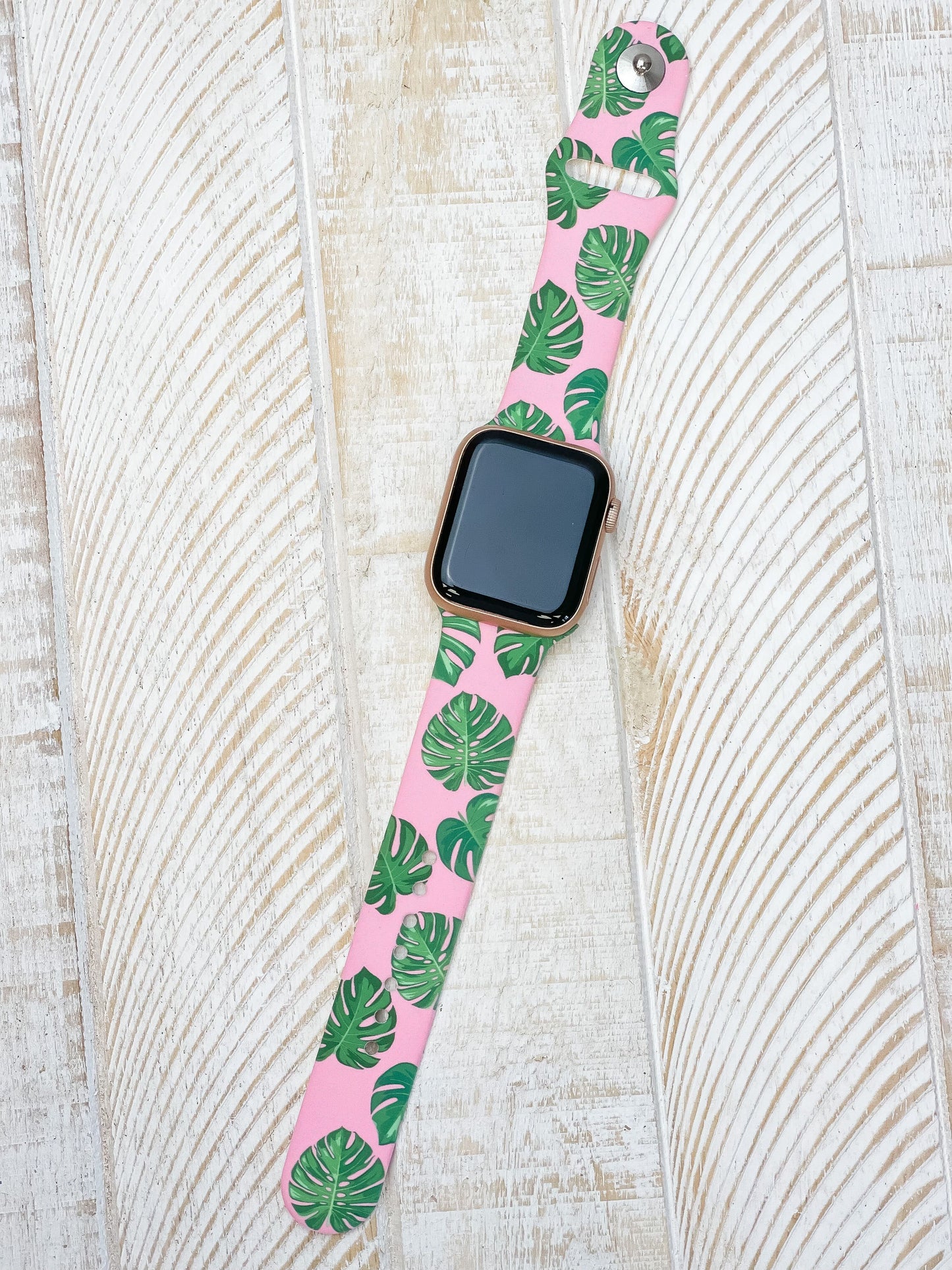 Bright Pink Monstera Leaf Printed Silicone Smart Watch Band - M/L