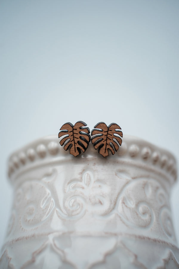 Monstera Leaf Wood Studs - Tropical Beach Summer Earrings